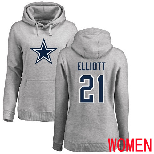 Women Dallas Cowboys Ash Ezekiel Elliott Name and Number Logo #21 Pullover NFL Hoodie Sweatshirts